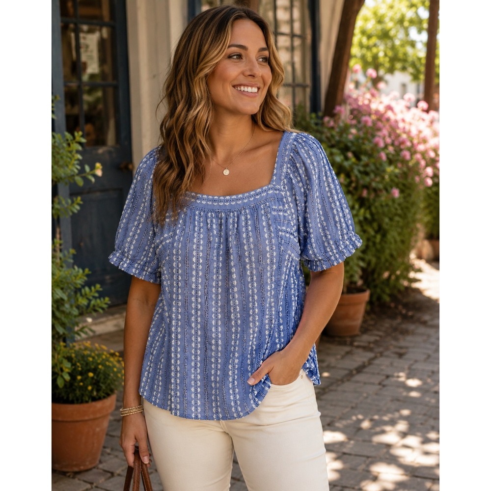 Loft Blue White Floral Stripe Square Neck Puff Sleeve Cotton Blouse XL